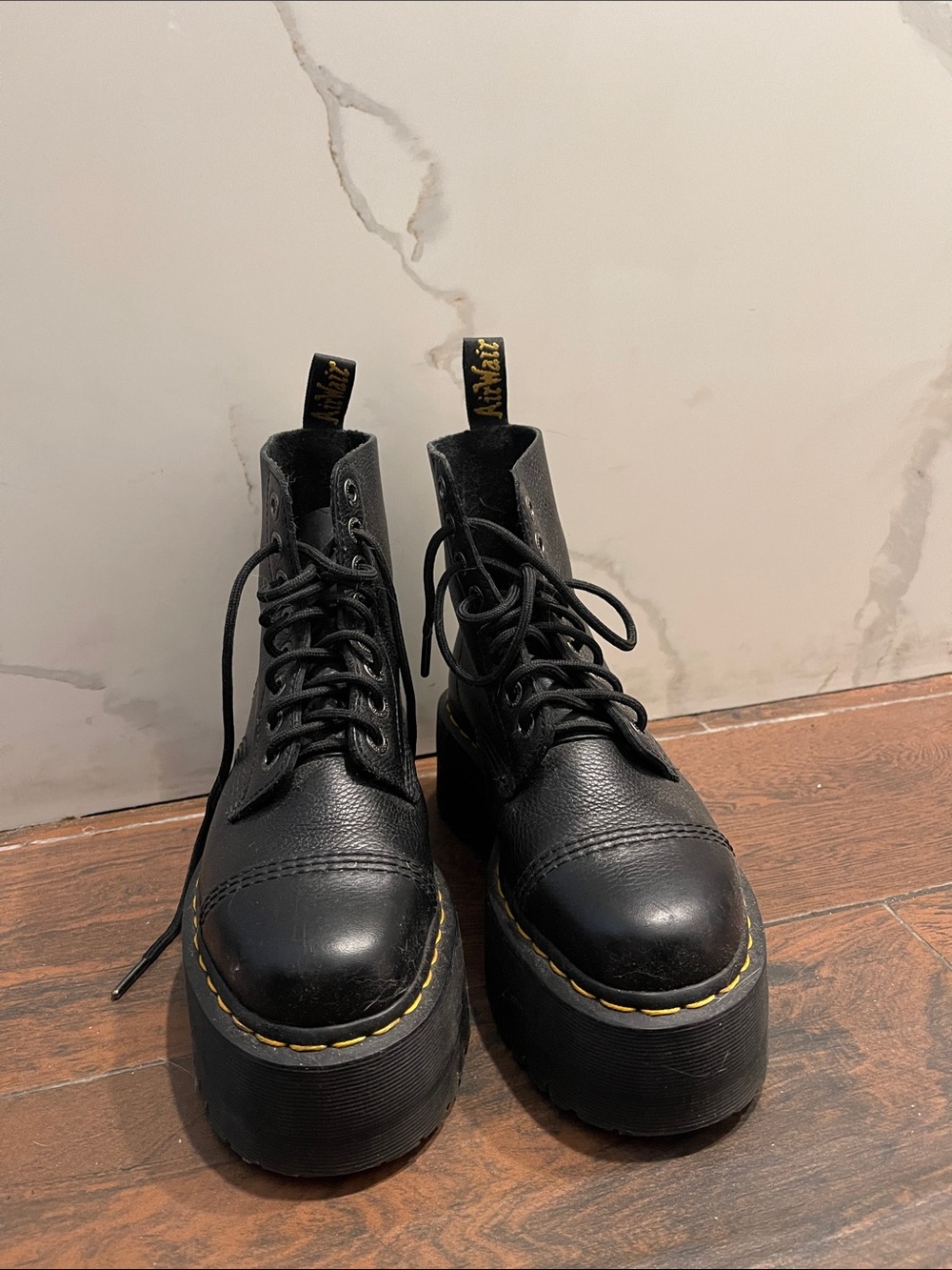 Dr. Martens Black Platform Lace-Up Boots with Yellow Stitching